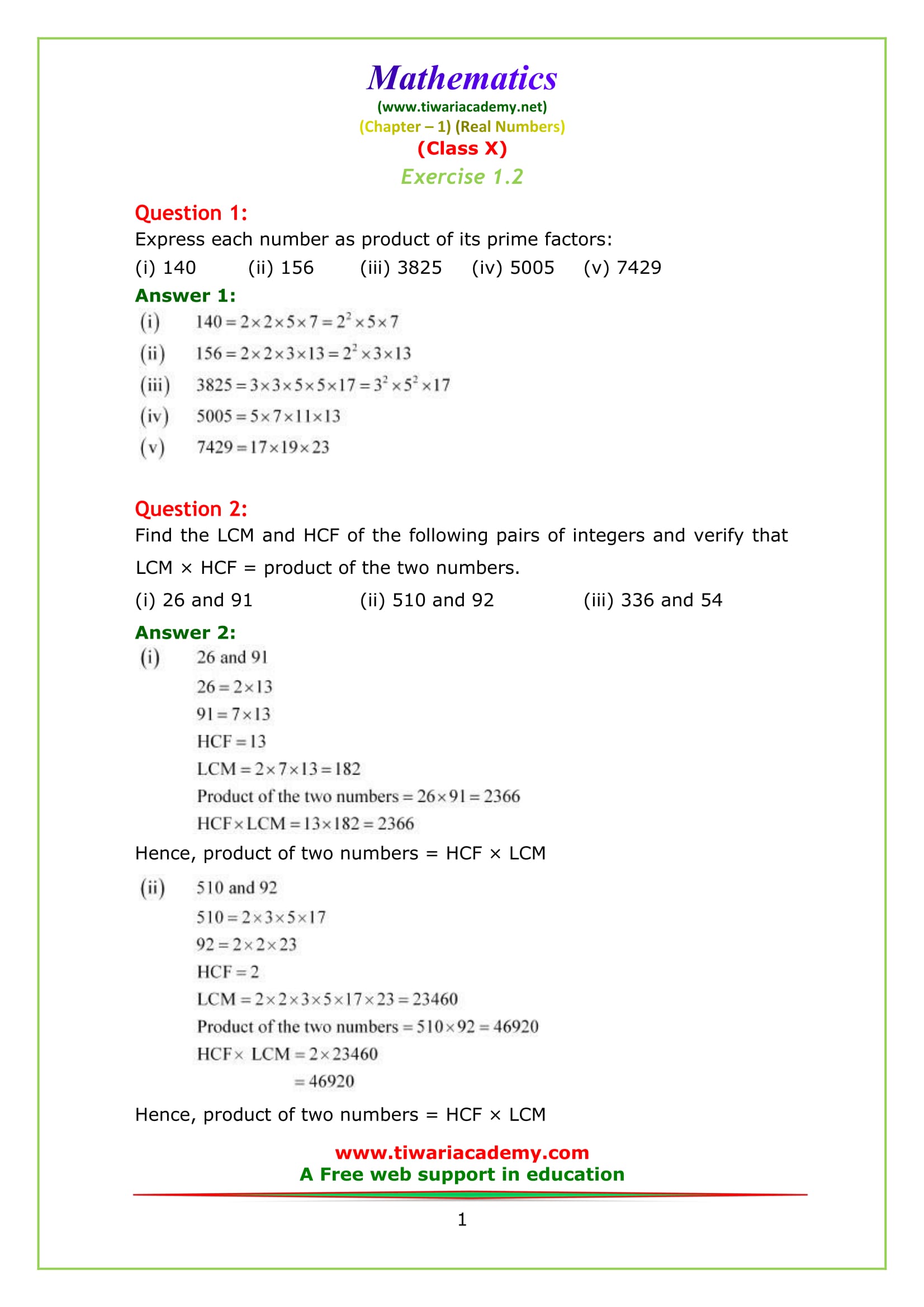 NCERT Solutions For Class 10 Maths Chapter 1 Exercise 1 2 Online PDF