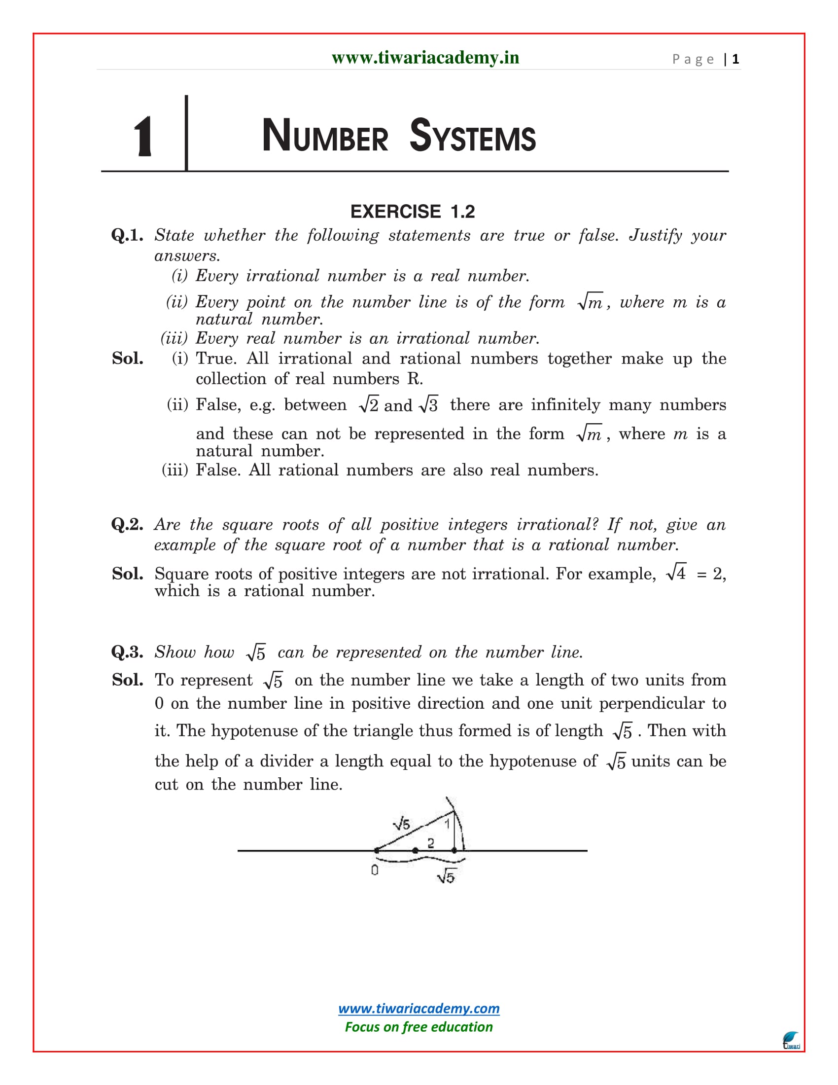 NCERT Solutions For Class 9 Maths Chapter 1 Number Systems In PDF