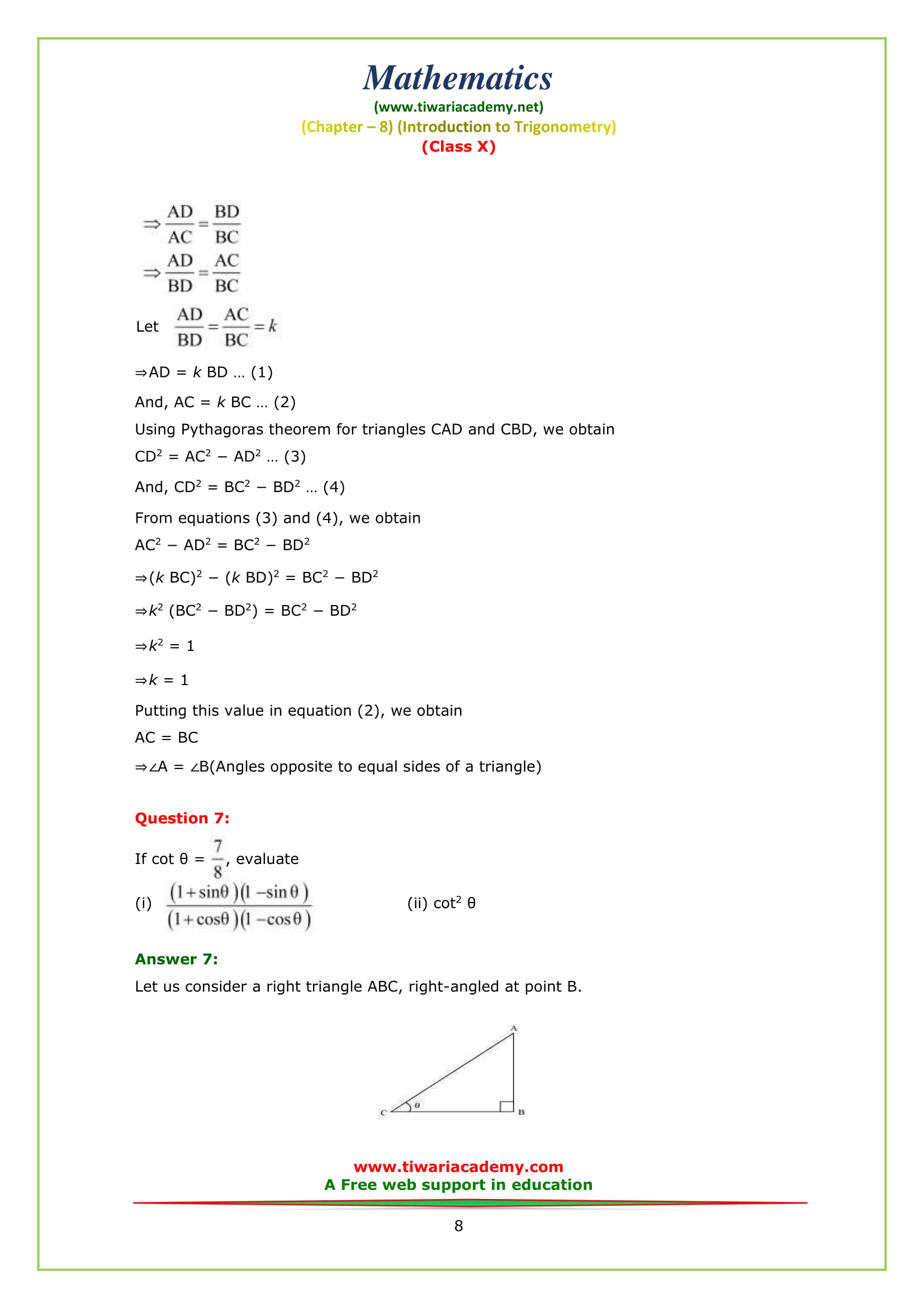 NCERT Solutions For Class 10 Maths Chapter 8 Exercise 8.1 Trigonometry