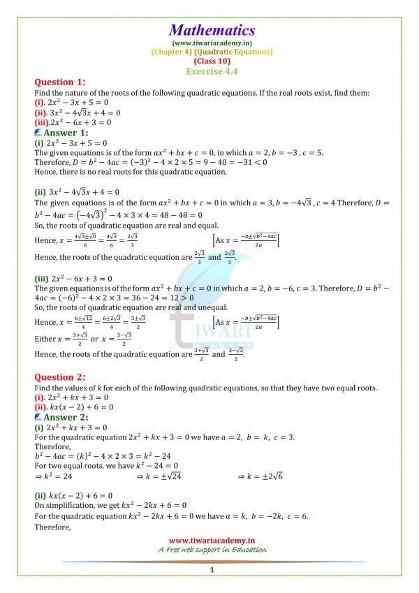 NCERT Solutions for Class 10 Maths Chapter 4 Exercise 4.4 Quadratic Eq.