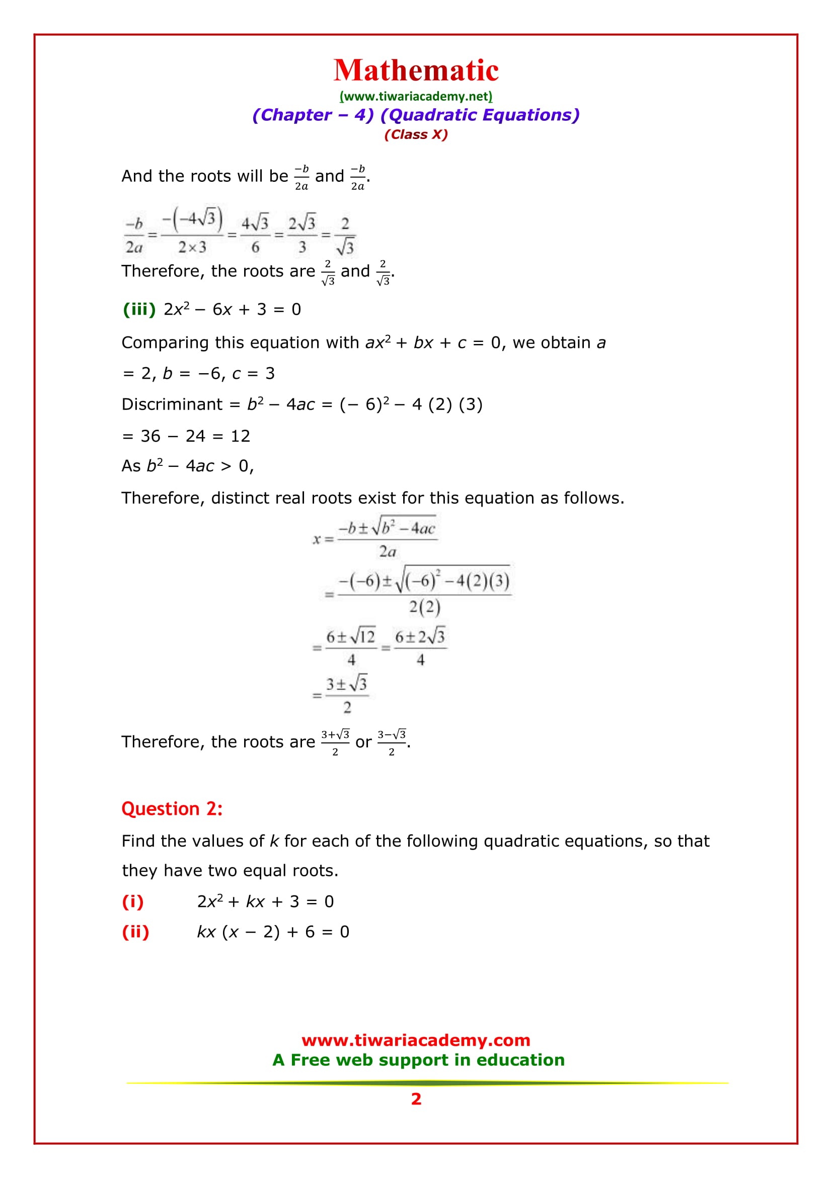 NCERT Solutions for Class 10 Maths Chapter 4 Exercise 4.4 Quadratic Eq.