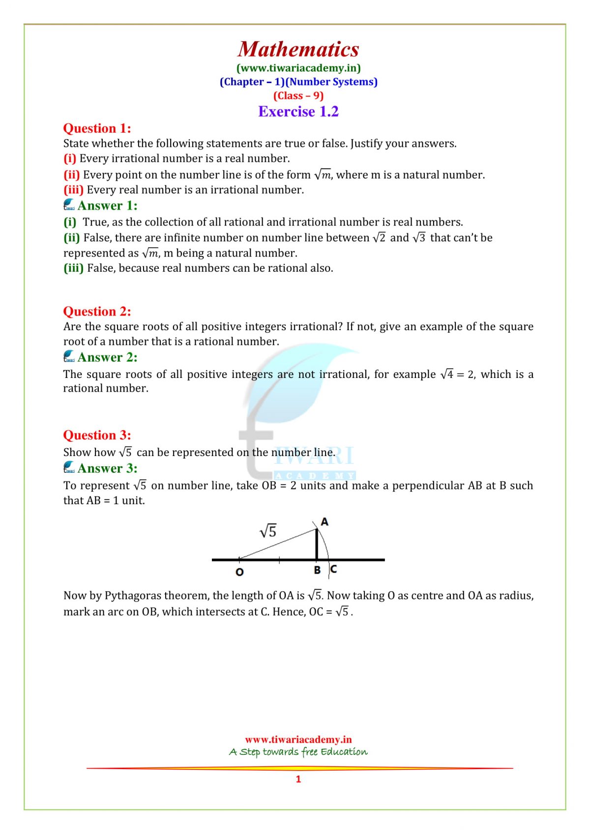 NCERT Solutions For Class 9 Maths Chapter 1 Number Systems In PDF