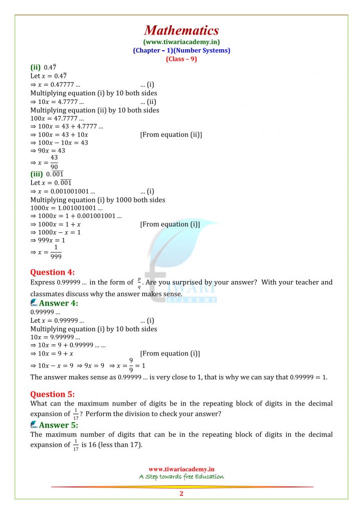 NCERT Solutions for Class 9 Maths Chapter 1 Number Systems in PDF