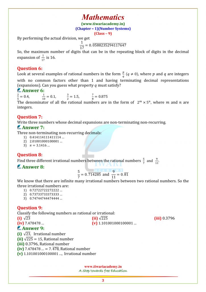 NCERT Solutions for Class 9 Maths Chapter 1 Number Systems in PDF