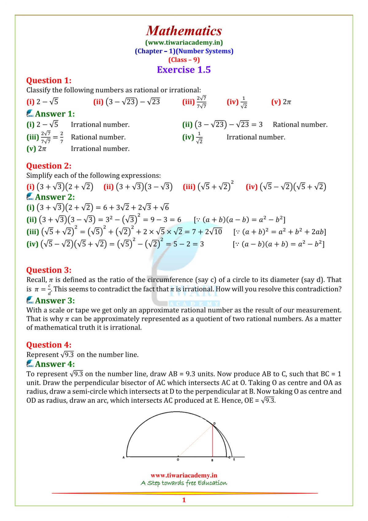 NCERT Solutions For Class 9 Maths Chapter 1 Number Systems In PDF