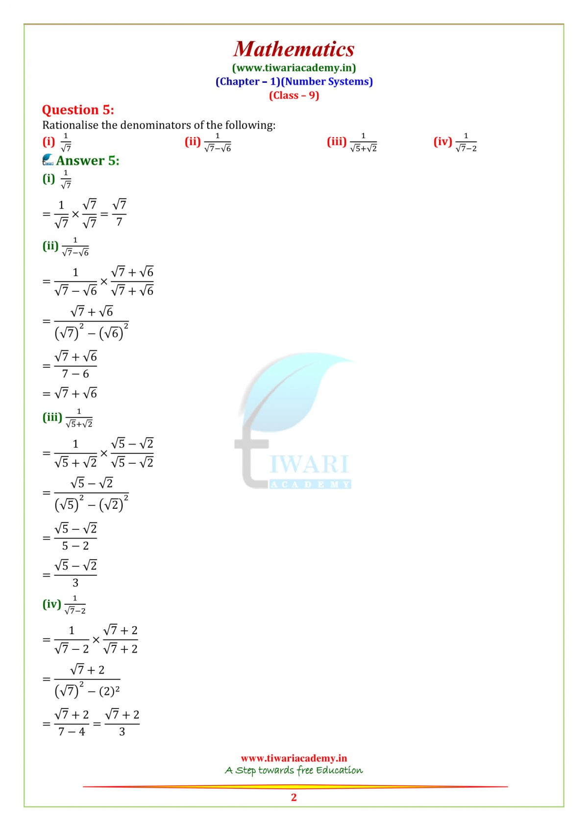 NCERT Solutions For Class 9 Maths Chapter 1 Number Systems In PDF