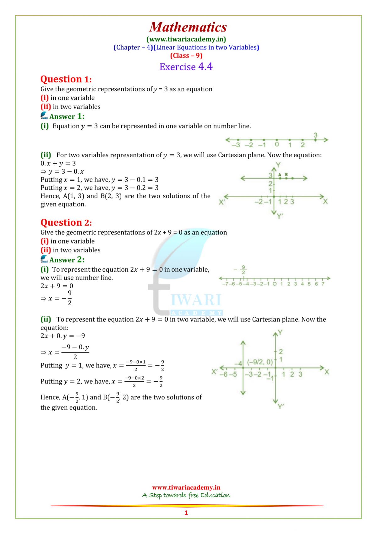 NCERT Solutions For Class 9 Maths Chapter 4 Linear Equations In PDF