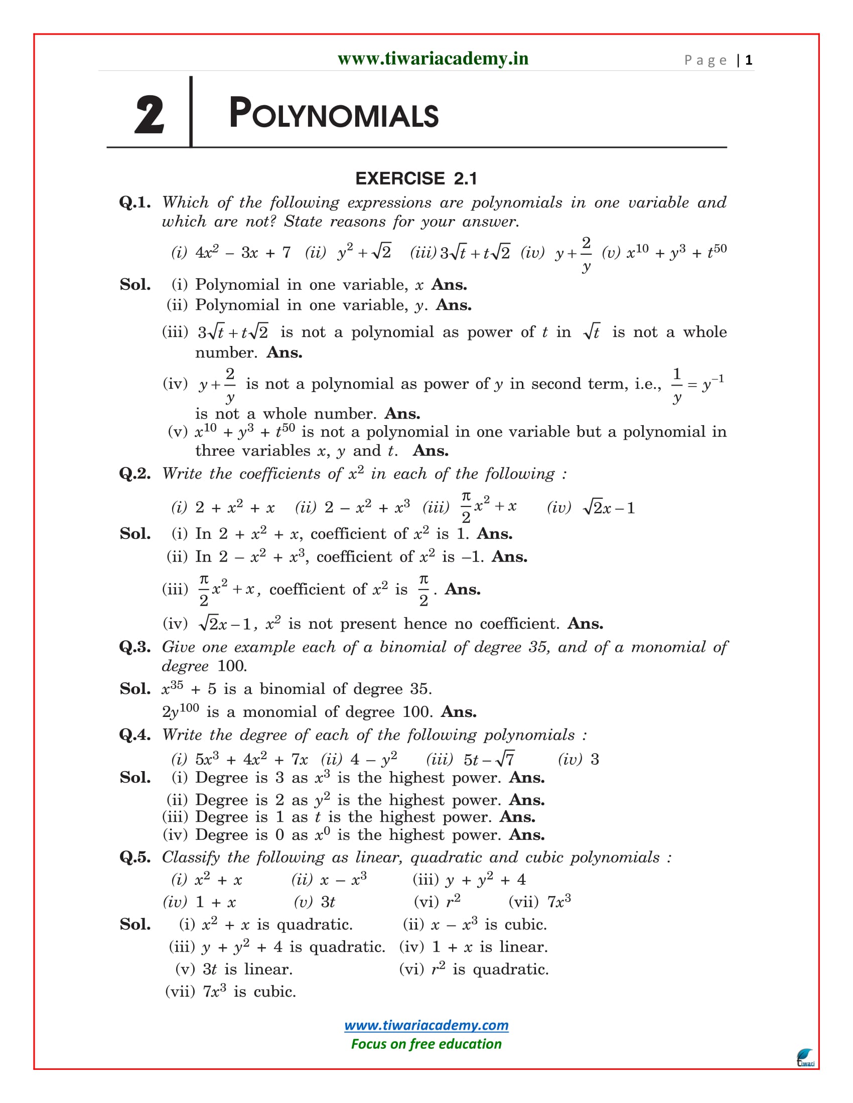 NCERT Solutions For Class 9 Maths Chapter 2 Polynomials In PDF