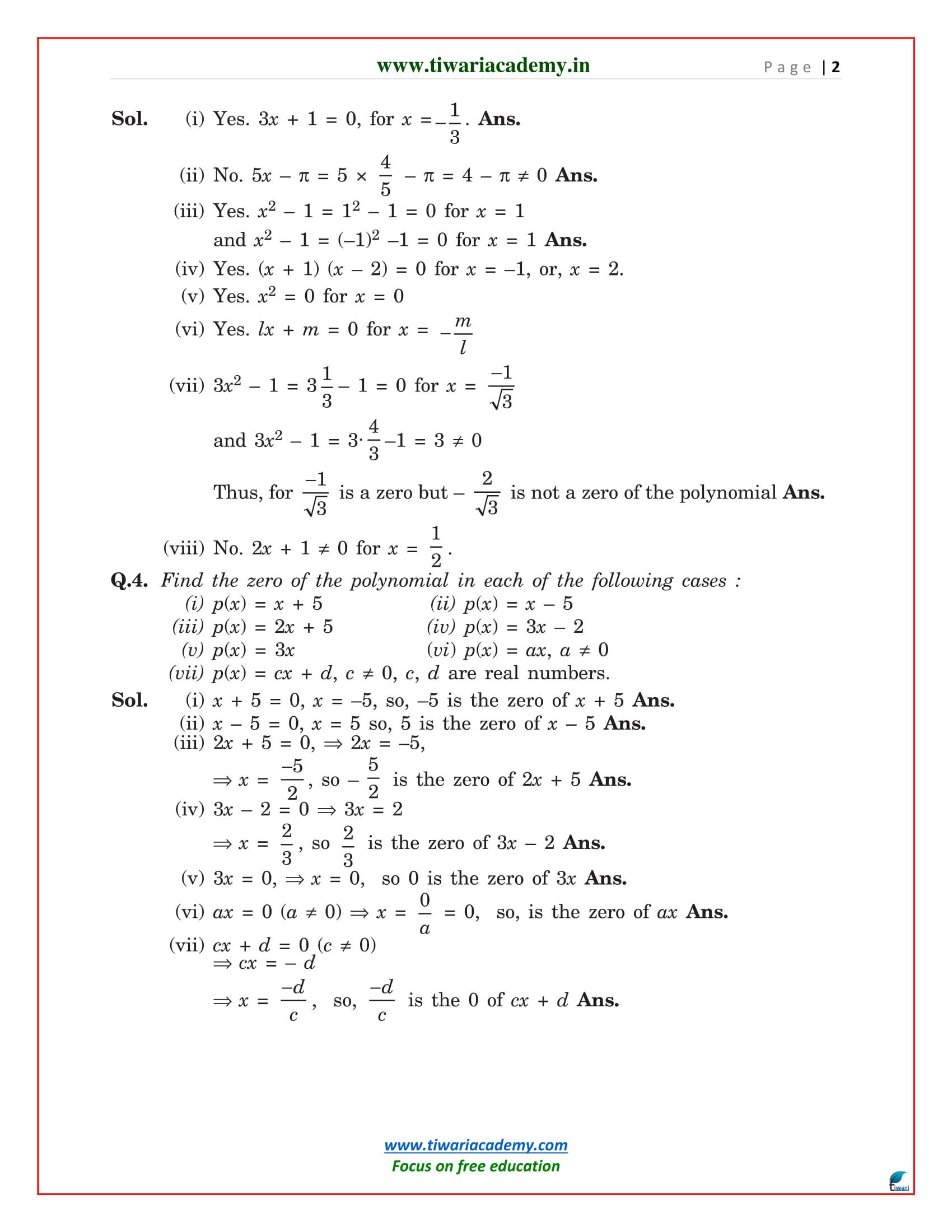 NCERT Solutions For Class 9 Maths Chapter 2 Polynomials In PDF