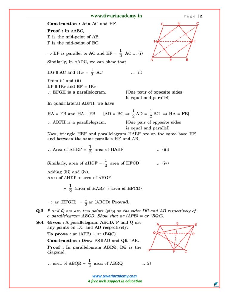 NCERT Solutions For Class 9 Maths Chapter 9 Areas Of Parallelograms